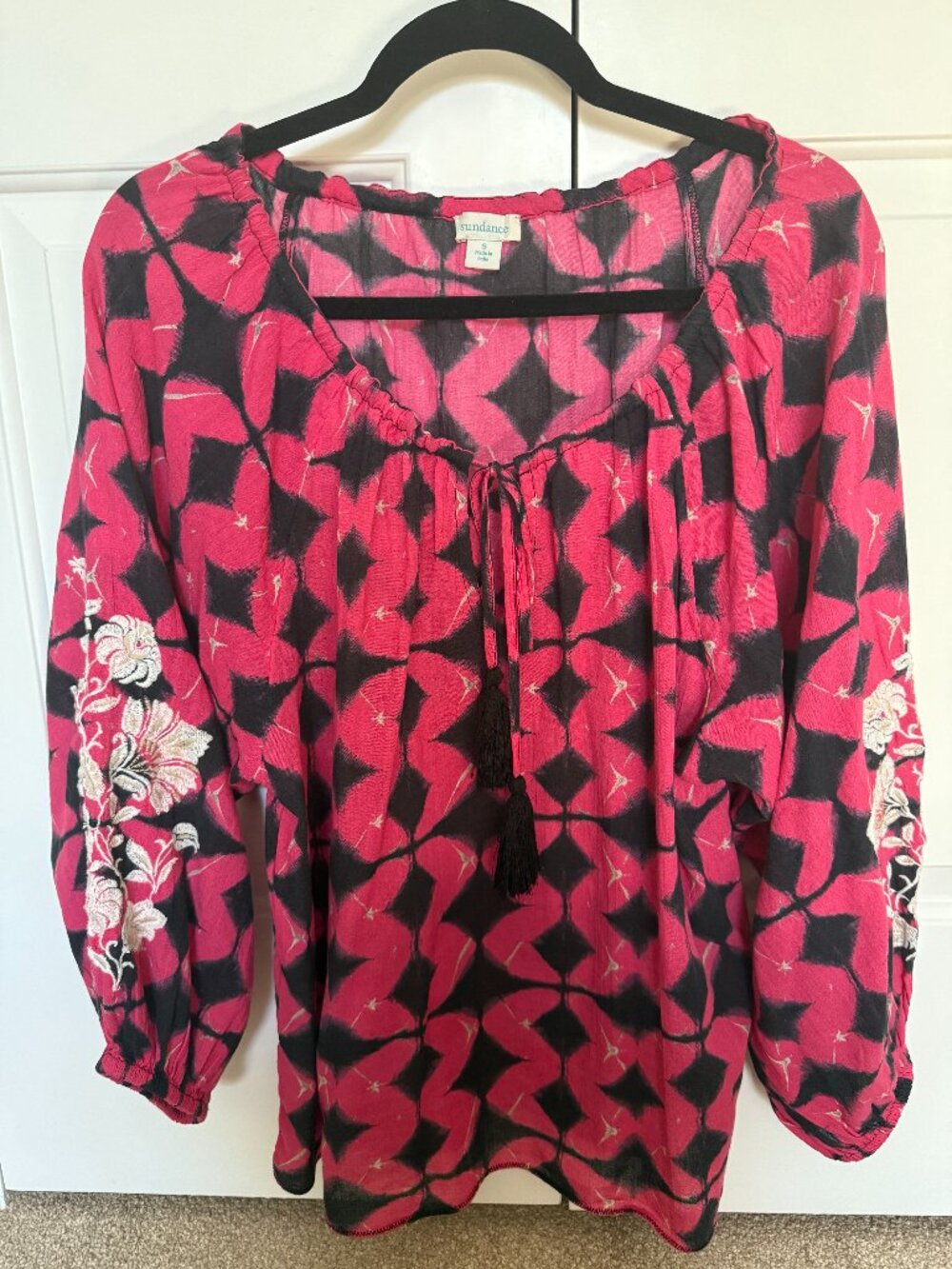 Sundance Pink and Black Peasant Top with Embroidery and Tassels